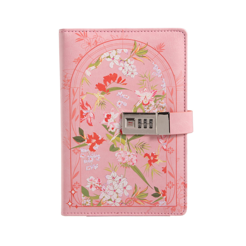 A5 pink vegan leather journal with a floral arch design and a 3-digit metal combination lock, standing upright on a white background with a matching pink elastic band.