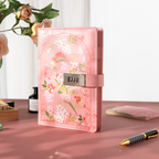 A5 pink floral lockable notebook standing upright on a pink desktop, featuring a secure combination lock and rose decor. 