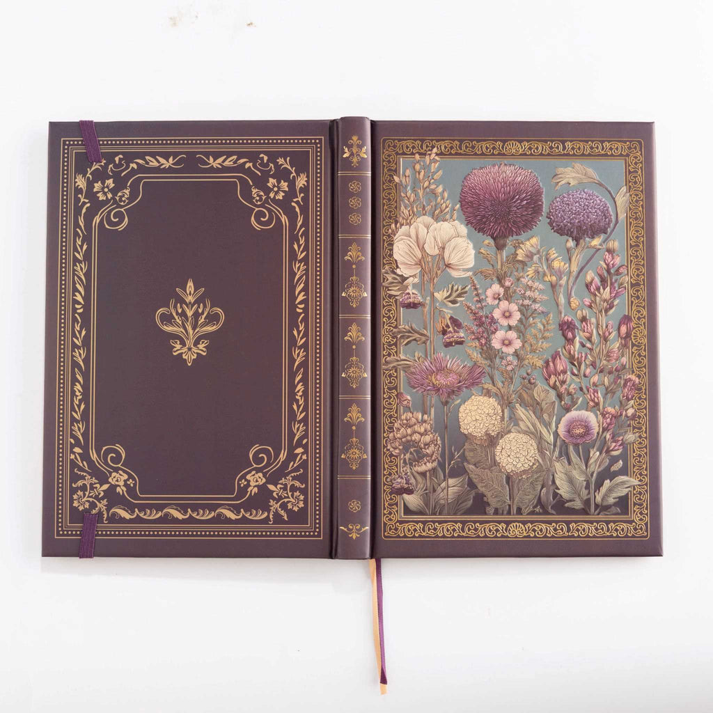 A5 Purple Taupe Floral Tapestry Hardcover Notebook Open, Ribbon Bookmark Detail