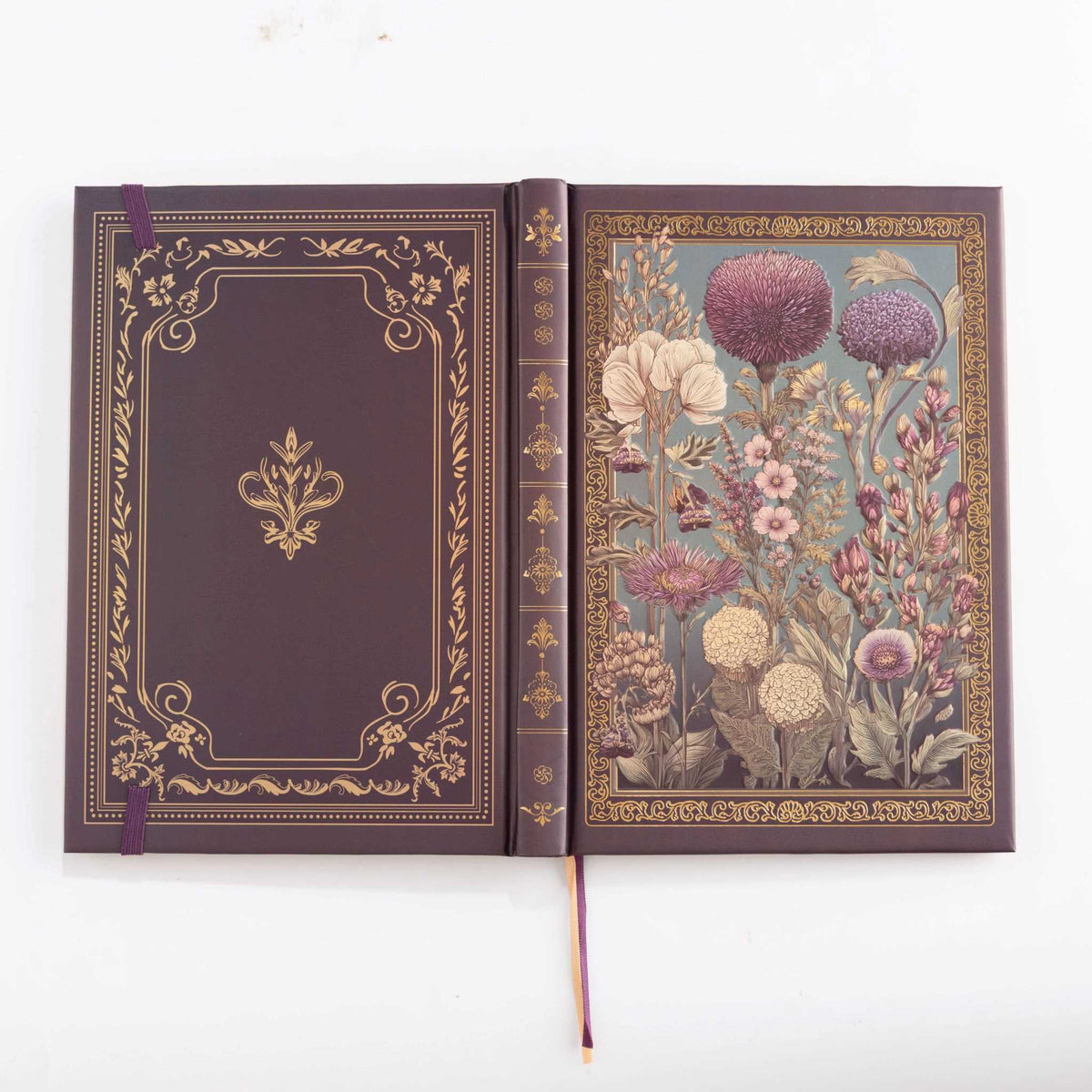 A5 Purple Taupe Floral Tapestry Hardcover Notebook Open, Ribbon Bookmark Detail