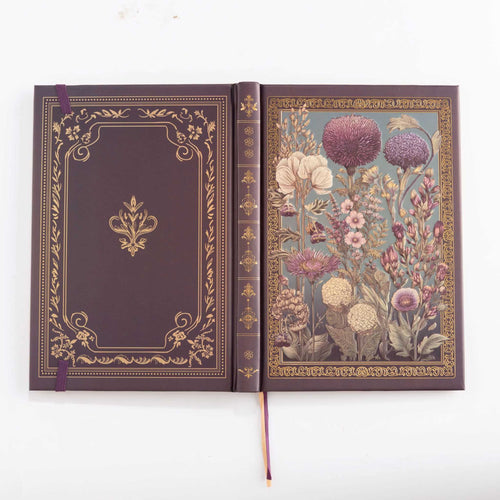 A5 Purple Taupe Floral Tapestry Hardcover Notebook Open, Ribbon Bookmark Detail