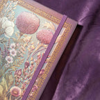 A5 Purple Taupe Floral Tapestry Hardcover Notebook Close-up, Elastic Closure Band and Gold Border Detail