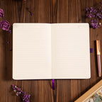 A5 Purple Vegan Leather Hummingbird Notebook Open, Numbered Pages with Date Headers and 7mm Ruled Lines