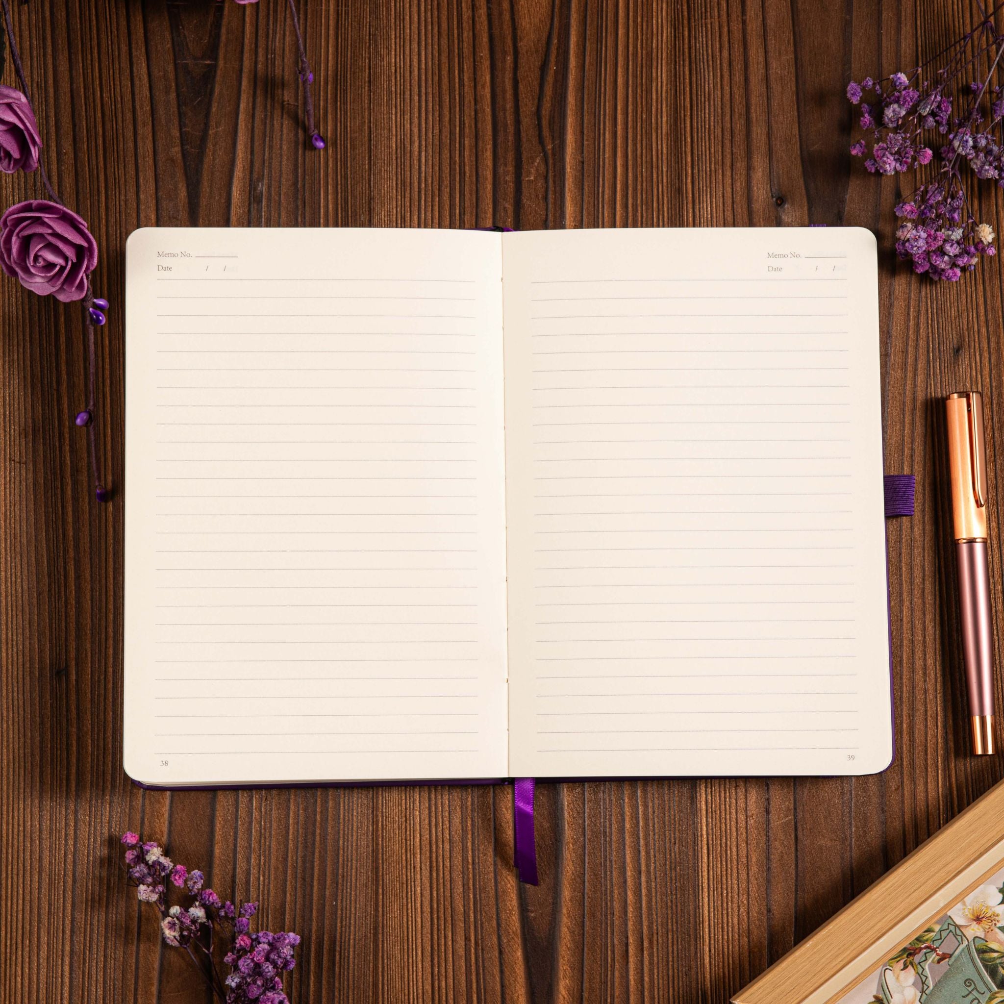 A5 Purple Vegan Leather Hummingbird Notebook Open, Numbered Pages with Date Headers and 7mm Ruled Lines