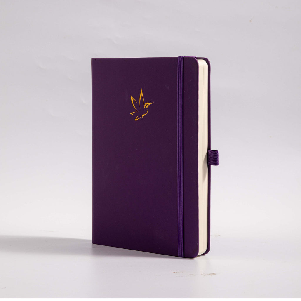A5 Purple Vegan Leather Hummingbird Notebook, White Background Side View with Pen Loop
