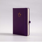 A5 Purple Vegan Leather Hummingbird Notebook, White Background Side View with Pen Loop