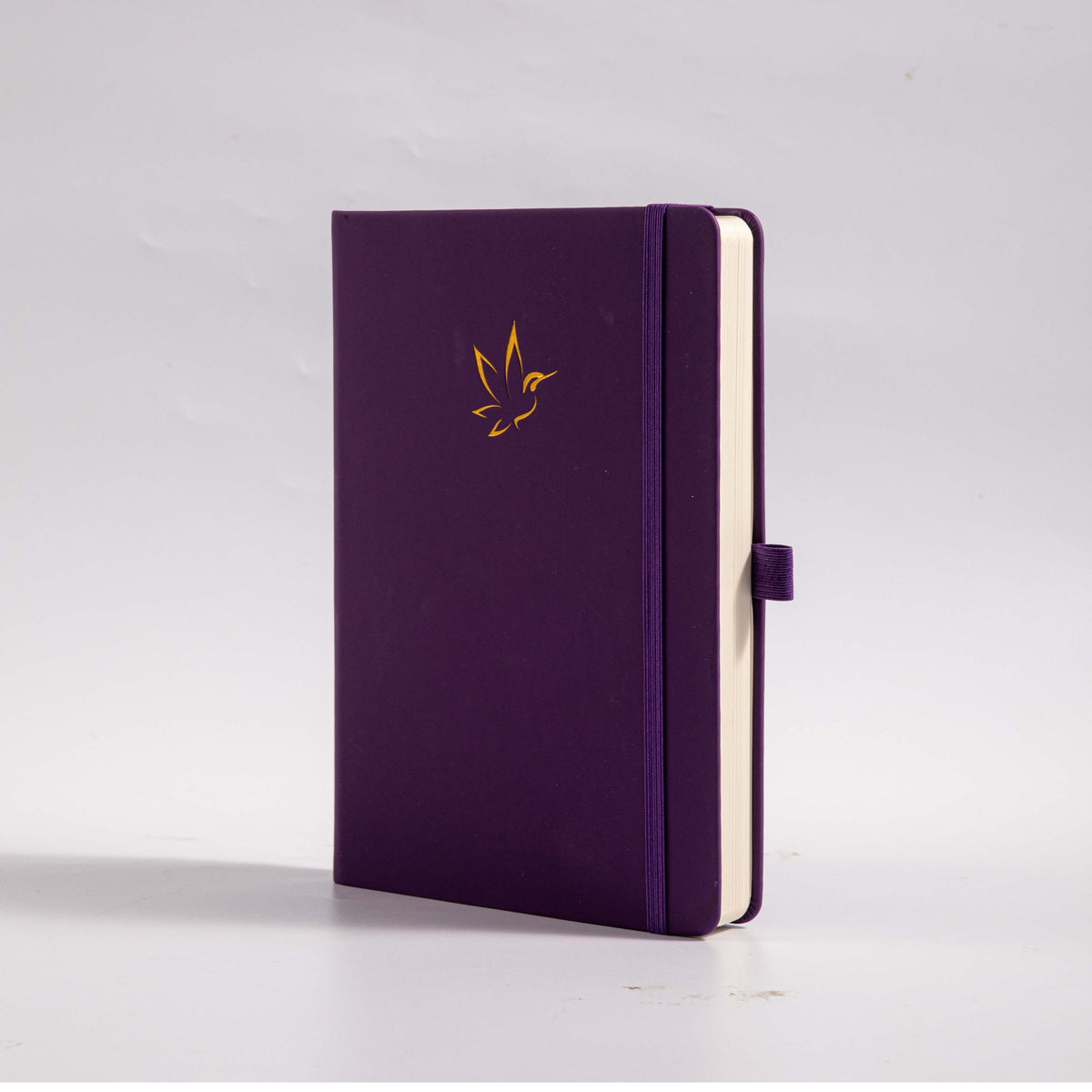 A5 Purple Vegan Leather Hummingbird Notebook, White Background Side View with Pen Loop