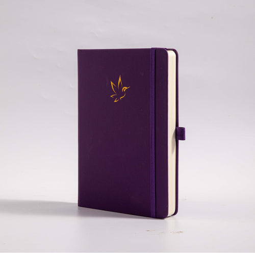 A5 Purple Vegan Leather Hummingbird Notebook, White Background Side View with Pen Loop