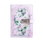 A5 lavender vegan leather journal with a floral arch design and a 3-digit metal combination lock, standing upright on a white background with a matching lavender elastic band.