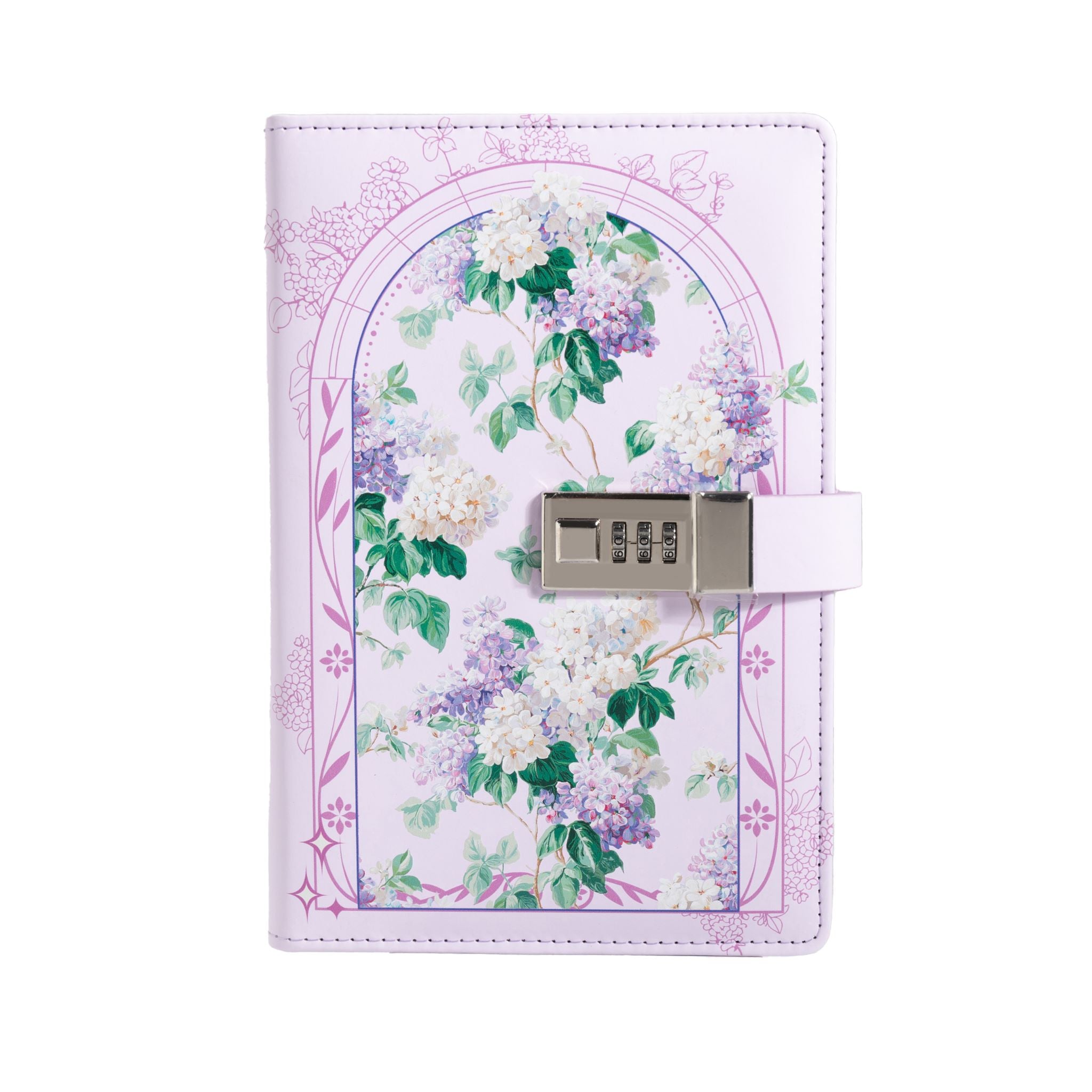 A5 lavender vegan leather notebook with a floral arch design and a 3-digit metal combination lock, standing upright on a white background with a matching lavender elastic band.