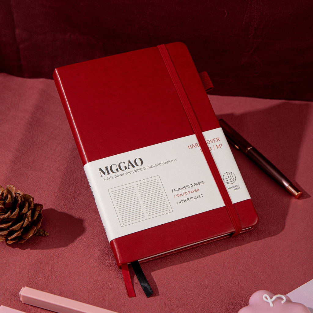 MGGAO A5 Red Vegan Leather Notebook with Pen, Premium Hardcover Journal for Office and Study