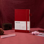 MGGAO A5 Red Vegan Leather Notebook on Desk, Hardcover Journal with Elastic Closure and Pen Loop