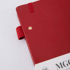 MGGAO A5 Red Vegan Leather Notebook Detail, Pen Loop and Elastic Band Close-up