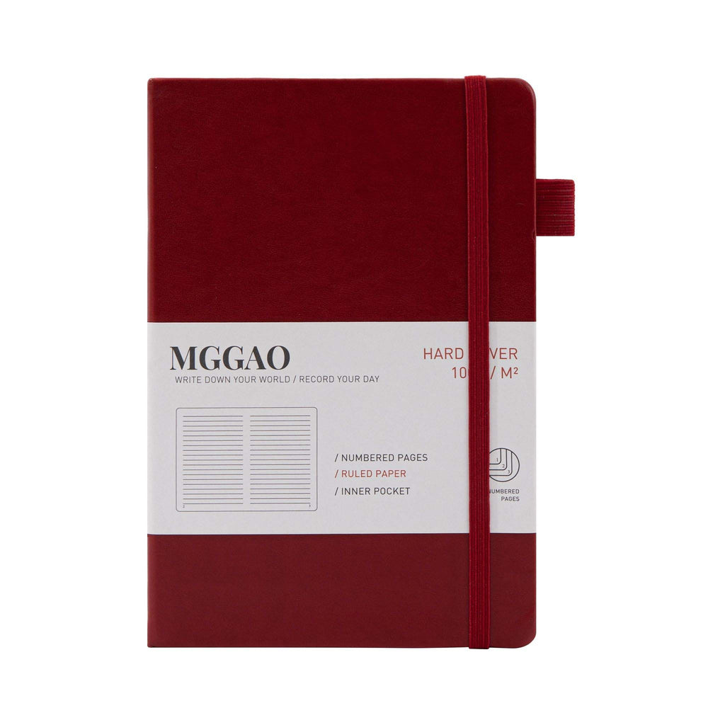 MGGAO A5 Red Vegan Leather Notebook with Packaging Sleeve, 188 Numbered Pages Journal