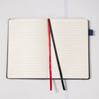 MGGAO A5 Striped Navy Vegan Leather Notebook Lay-flat, 9mm Ruled Lined Paper with Dual Ribbon Bookmarks