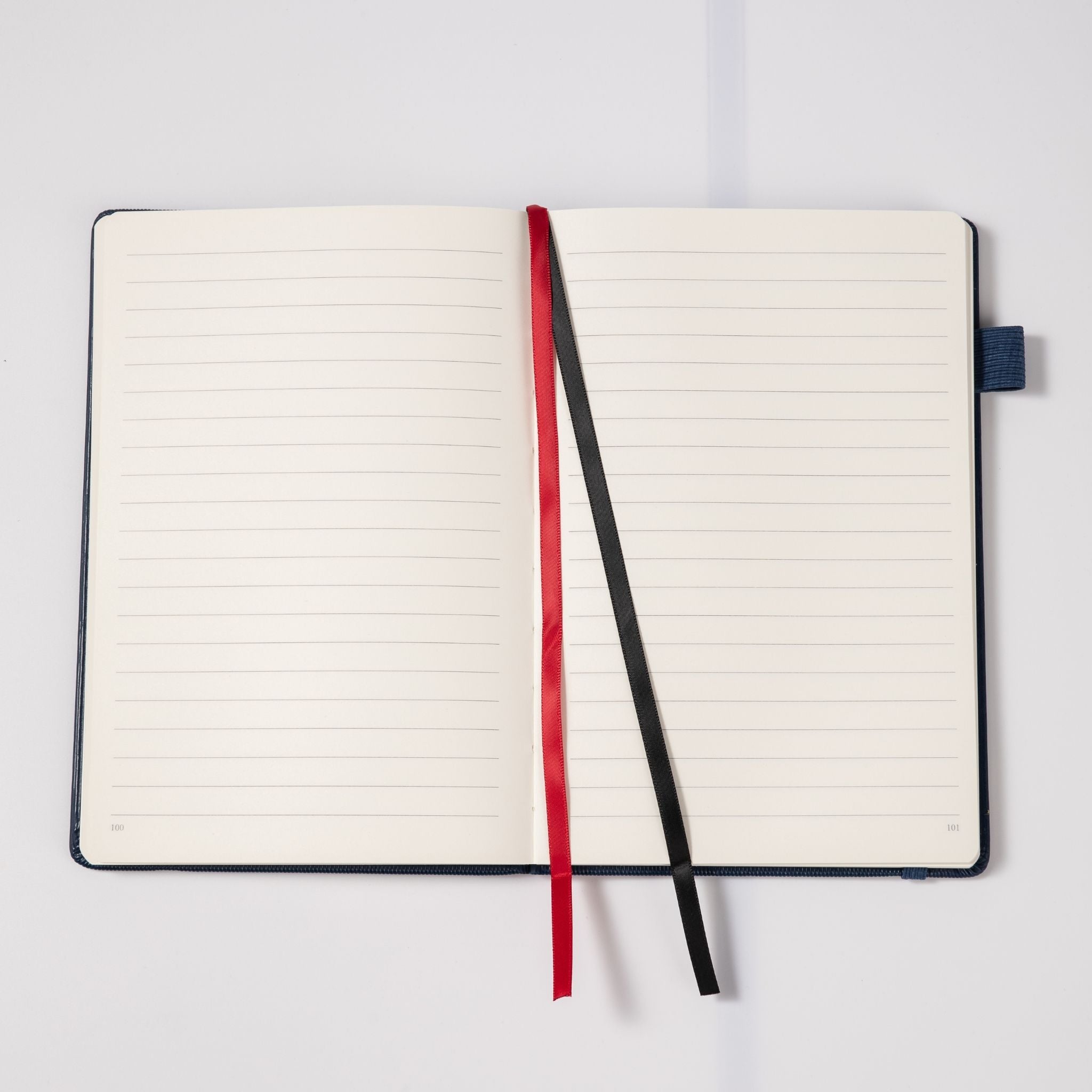 MGGAO A5 Striped Navy Vegan Leather Notebook Lay-flat, 9mm Ruled Lined Paper with Dual Ribbon Bookmarks