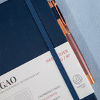 MGGAO A5 Striped Navy Vegan Leather Notebook Detail, Pen Loop and Elastic Band Close-up
