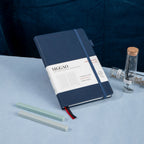 MGGAO A5 Striped Navy Vegan Leather Notebook with Pen, Premium Hardcover Journal for Office and Study
