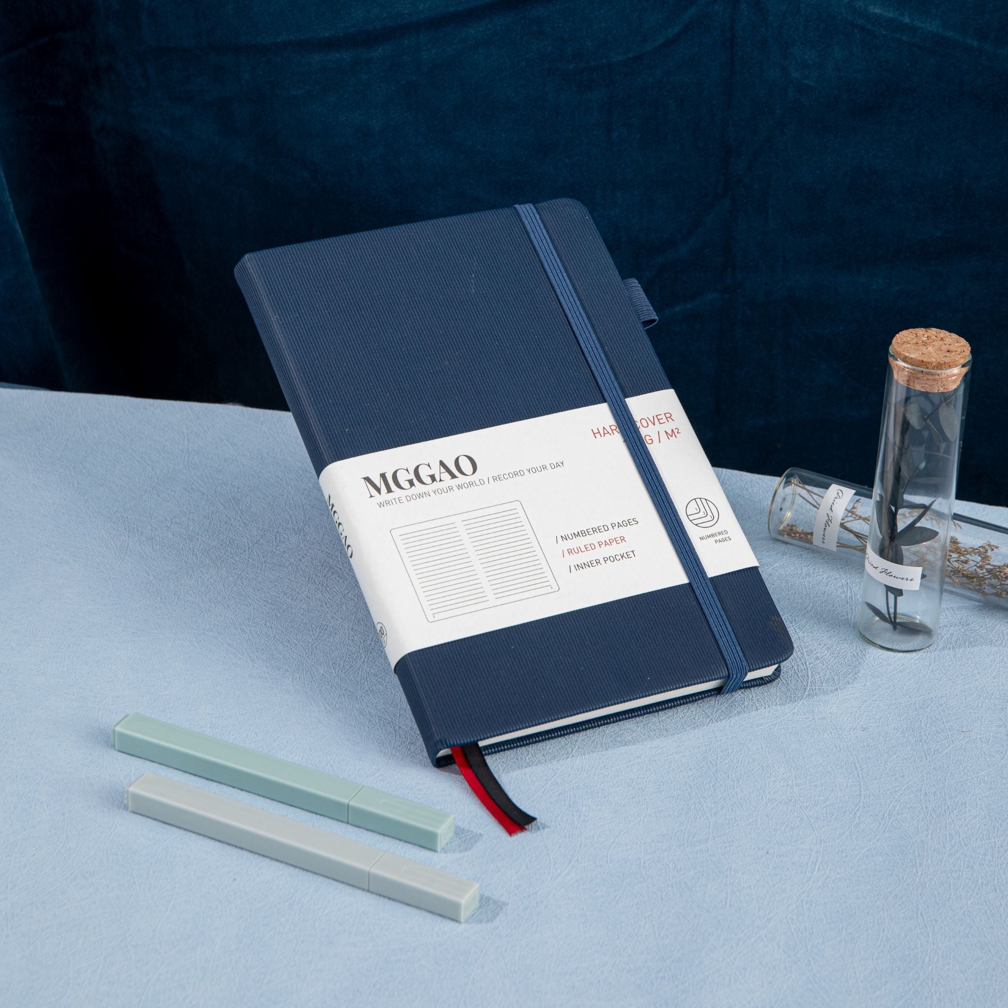 MGGAO A5 Striped Navy Vegan Leather Notebook with Pen, Premium Hardcover Journal for Office and Study