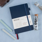 MGGAO A5 Striped Navy Vegan Leather Notebook with Packaging Sleeve, Close-up Journal with Pen