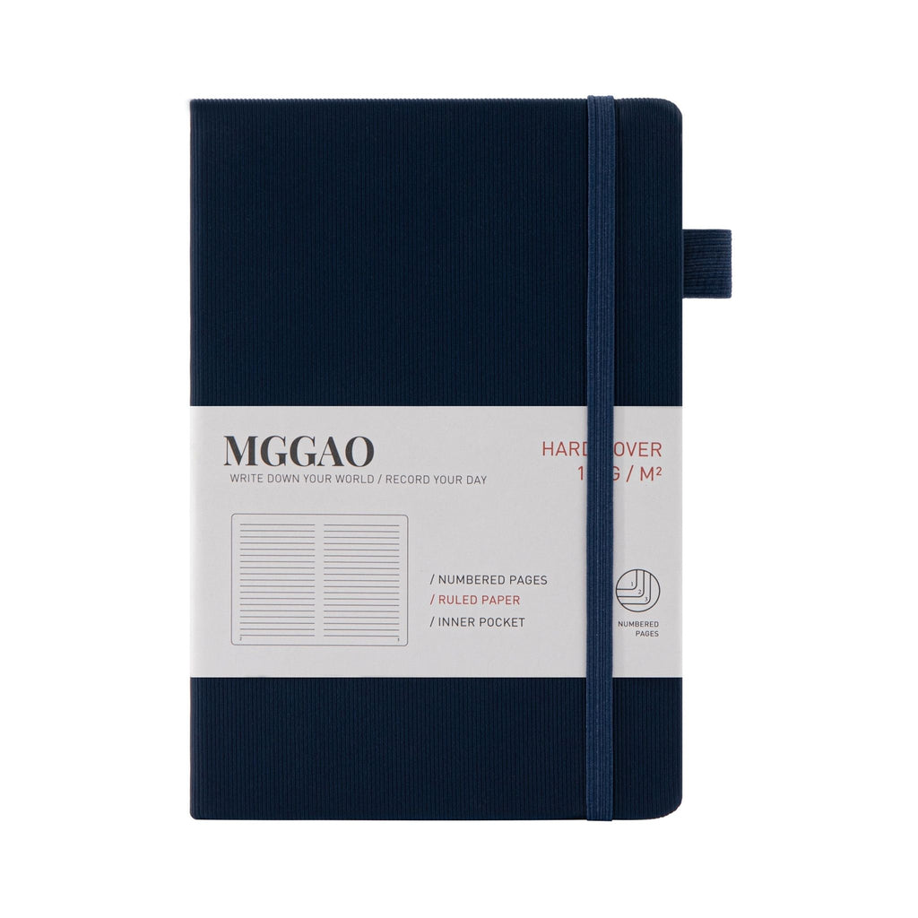 MGGAO A5 Striped Navy Vegan Leather Notebook with Packaging Sleeve, 188 Numbered Pages Journal