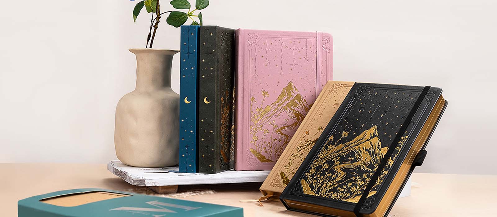 Vegan Leather Hardcover Journal Set, Gold Foil Mountain and Moon Design, Aesthetic Notebooks for Writing, Journaling and Gift