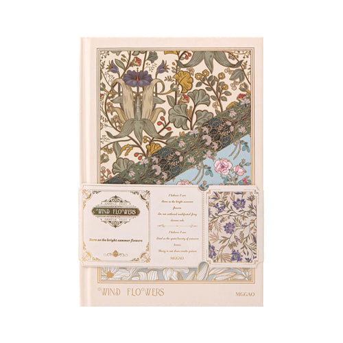 A5 Wind Flowers Hardcover Lined Notebook with Decorative Belly Band, Beige Gold Foil Cover