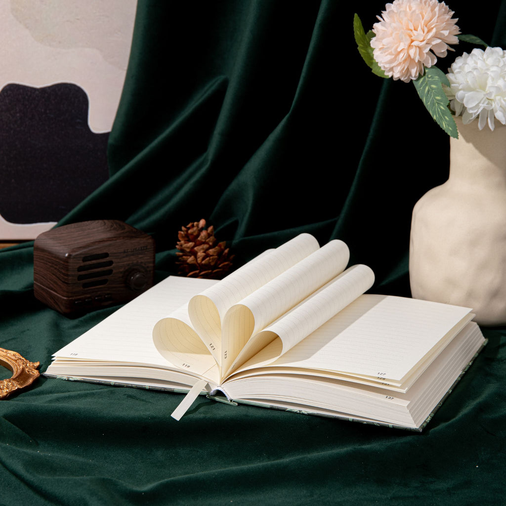 A5 Wind Flowers Hardcover Lined Notebook Fanned Pages, 320 Pages 100gsm Thick Paper on Dark Green Silk