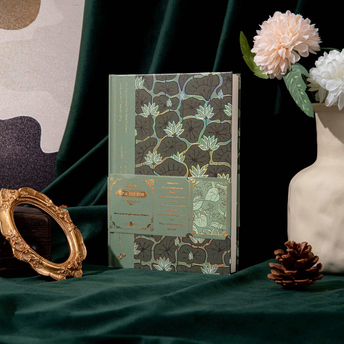 A5 Wind Flowers Hardcover Lined Notebook with Belly Band on Dark Green Silk, Dried Flowers and Gold Frame