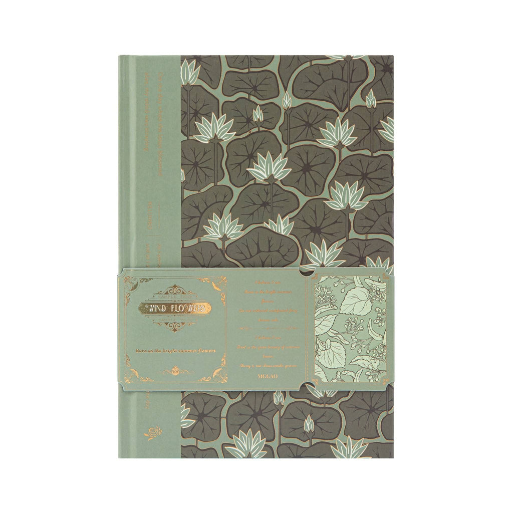 A5 Wind Flowers Hardcover Lined Notebook with Decorative Belly Band, Green Gold Foil Cover