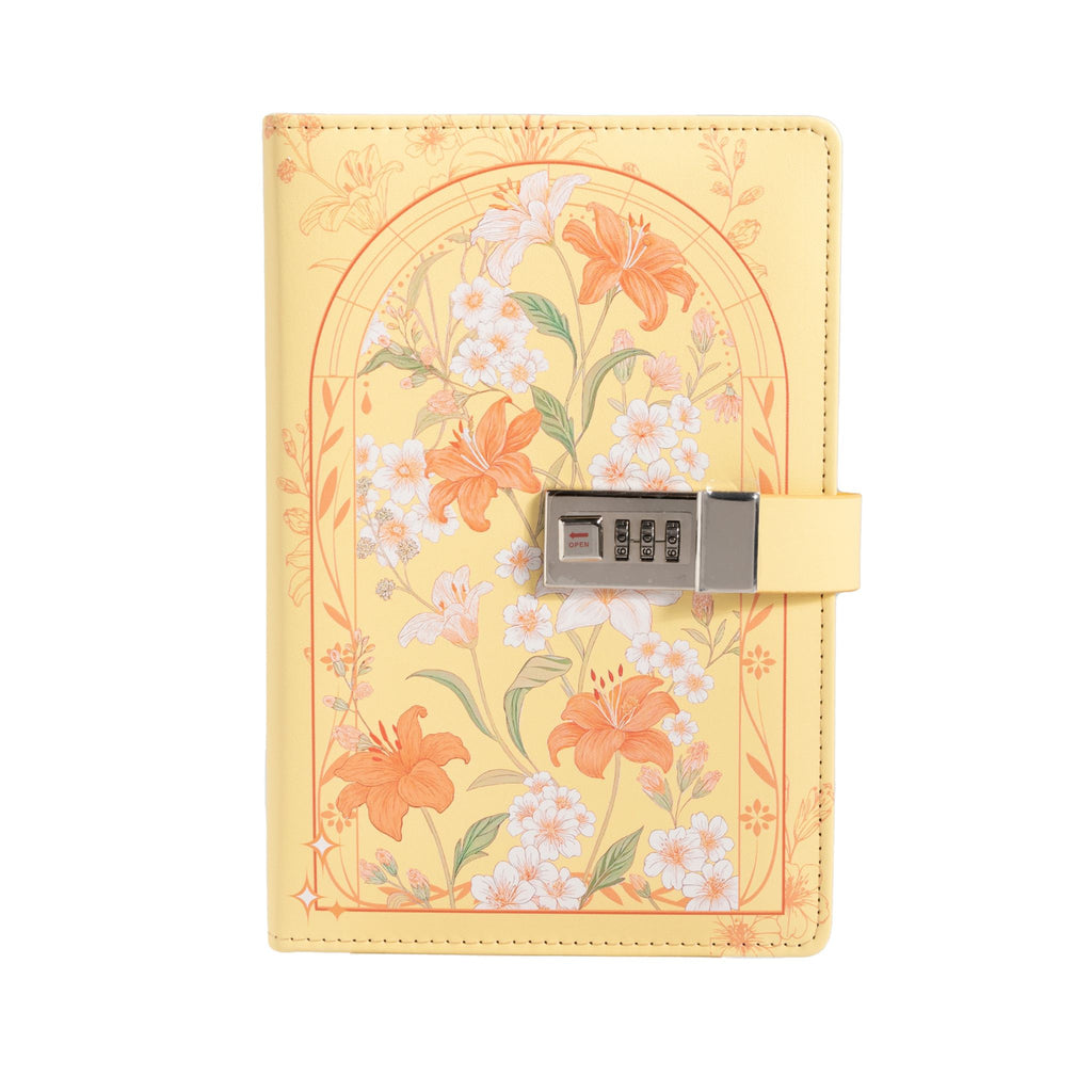 A5 yellow vegan leather journal with a floral arch design and a 3-digit metal combination lock, standing upright on a white background with a matching yellow elastic band.
