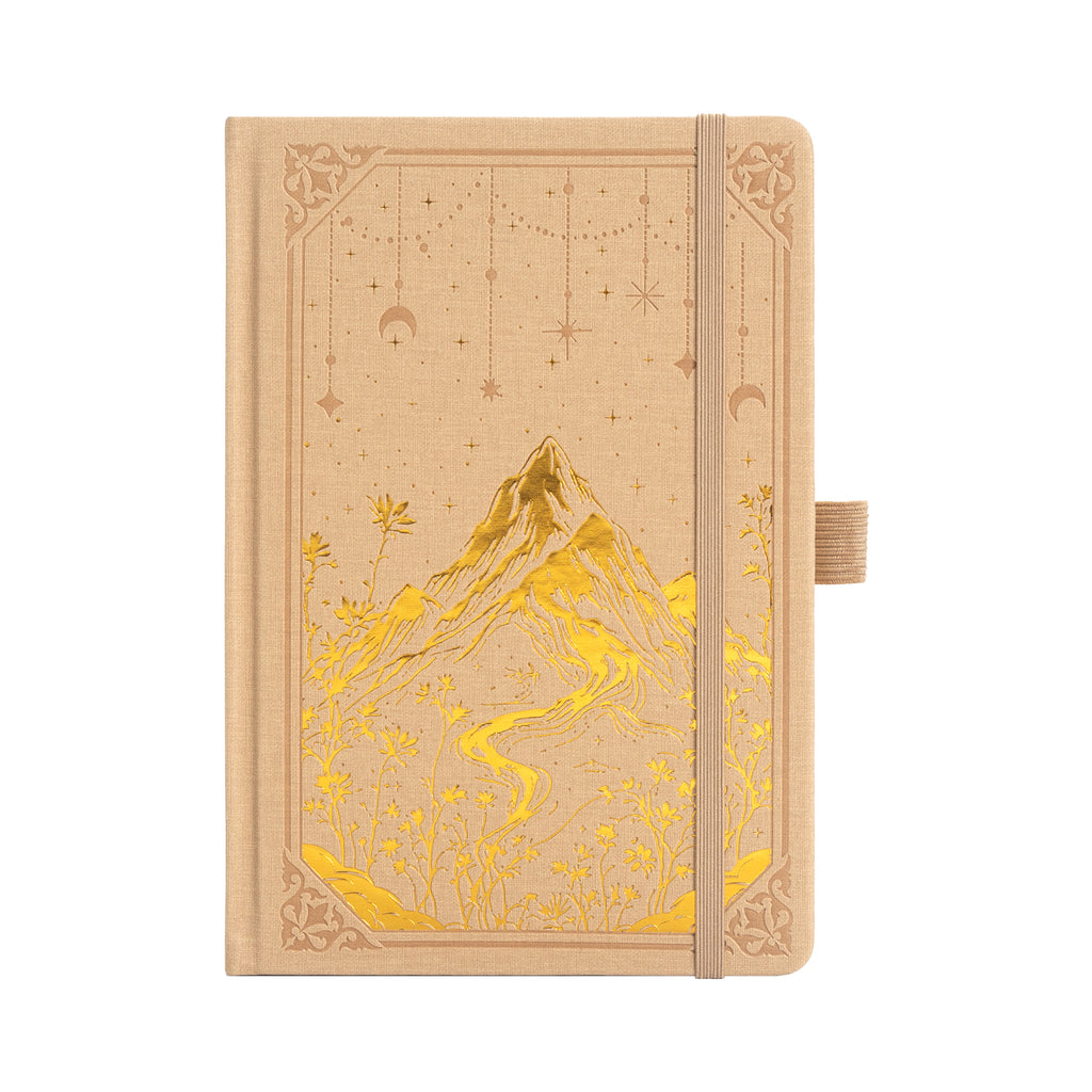 A5 Yellow Vegan Leather Mountain Notebook | Shiny Gold Hardcover