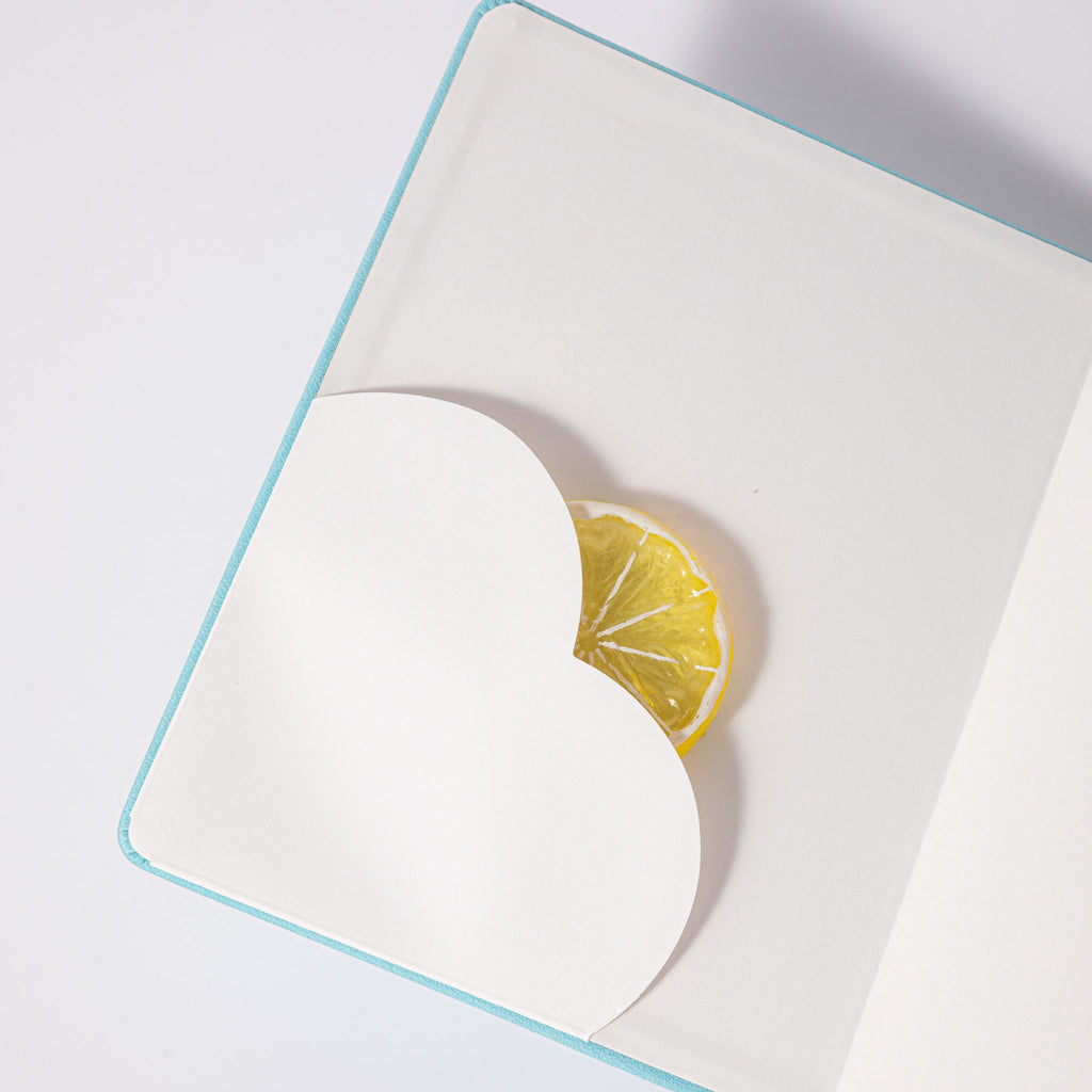 B6 Light Blue Rose Embossed Vegan Leather Journal, Heart Shaped Inner Pocket Detail with Dried Lemon