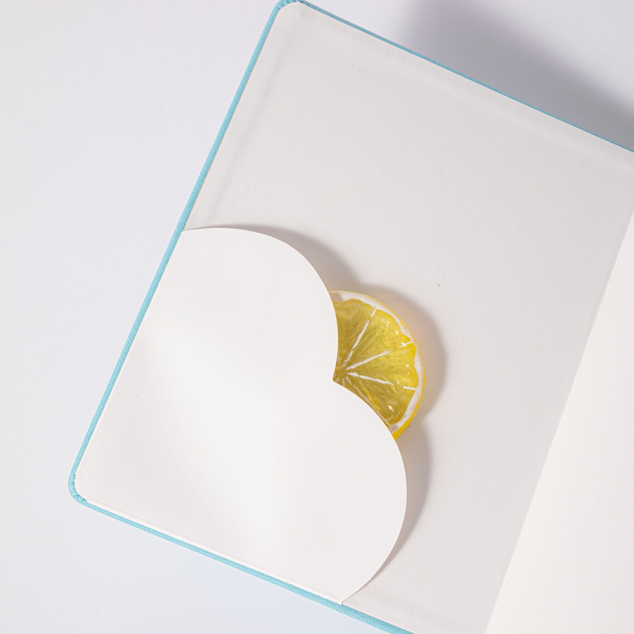 B6 Light Blue Rose Embossed Vegan Leather Journal, Heart Shaped Inner Pocket Detail with Dried Lemon