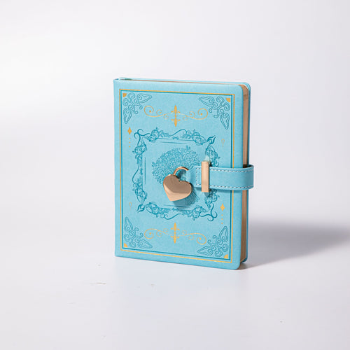 B6 Light Blue Rose Embossed Vegan Leather Journal with Gold Heart Lock, White Background Side View