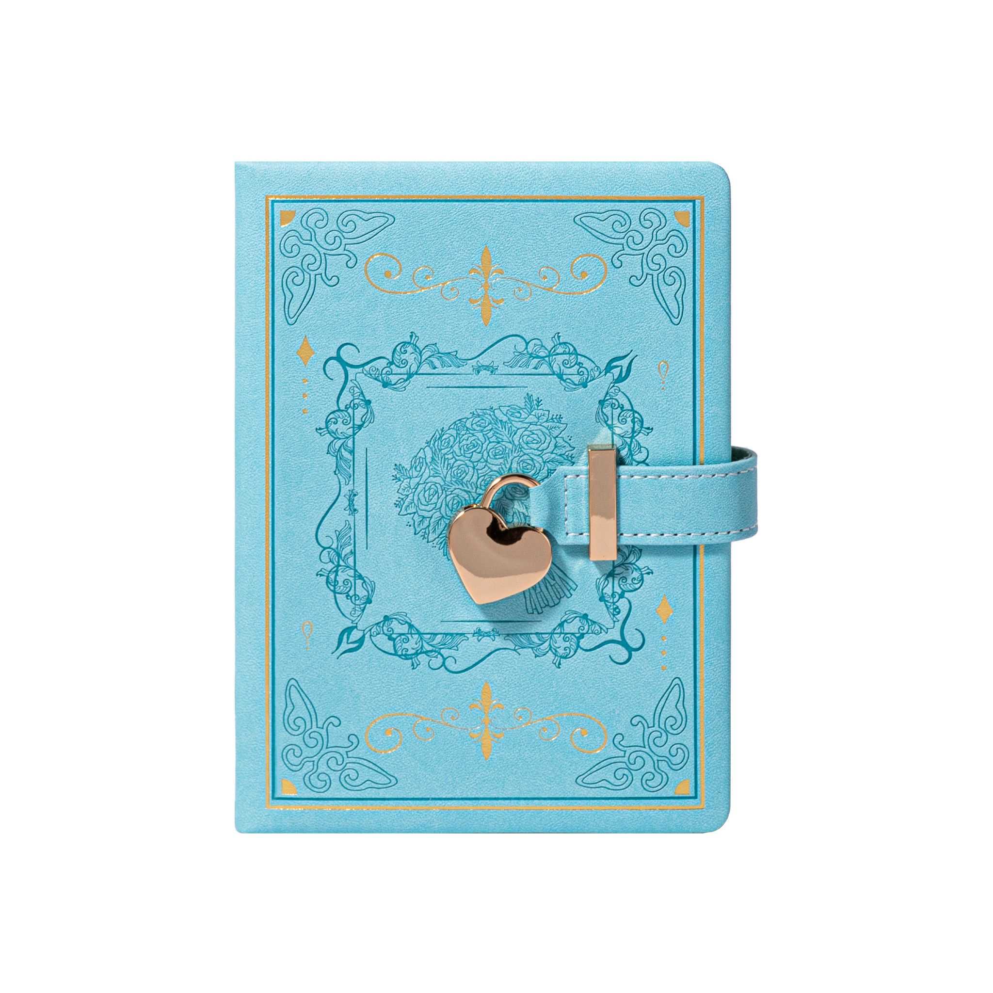 B6 Light Blue Rose Embossed Vegan Leather Journal with Gold Heart Lock, Front View