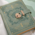 B6 Green Rose Embossed Vegan Leather Journal with Gold Heart Lock and Gilded Edges, Close-up Detail