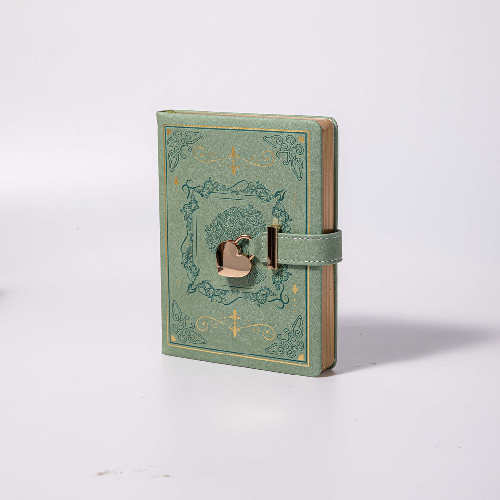 B6 Green Rose Embossed Vegan Leather Journal with Gold Heart Lock