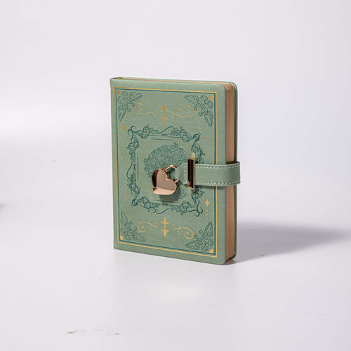 B6 Green Rose Embossed Vegan Leather Journal with Gold Heart Lock