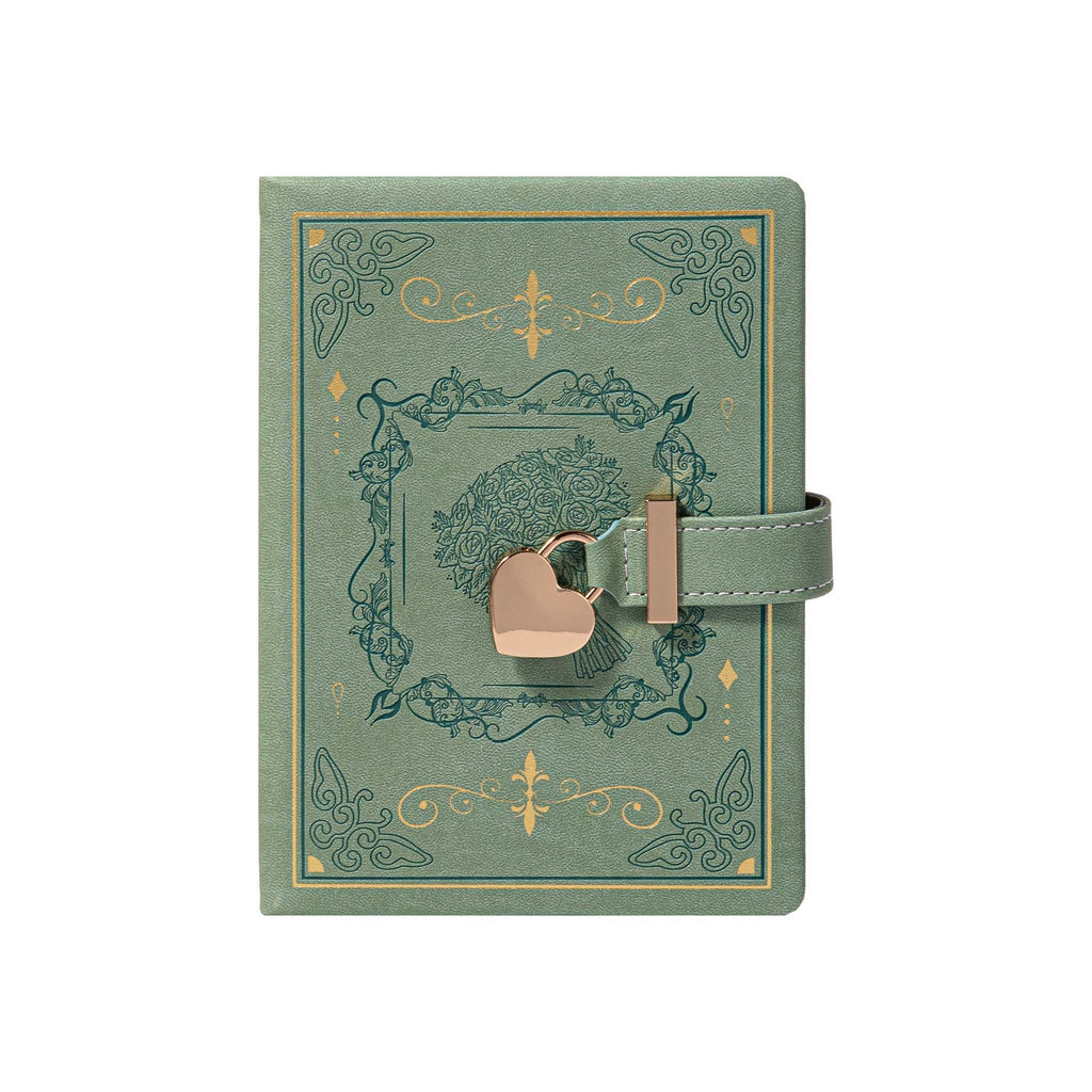 B6 Green Rose Embossed Vegan Leather Journal with Gold Heart Lock
