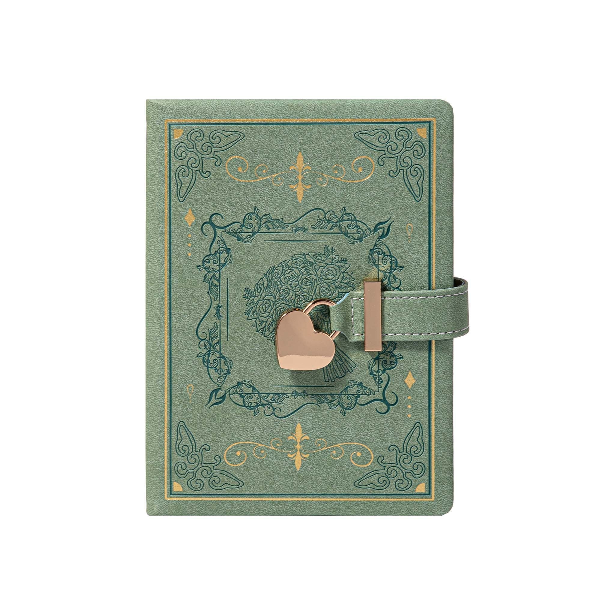 B6 Green Rose Embossed Vegan Leather Journal with Gold Heart Lock