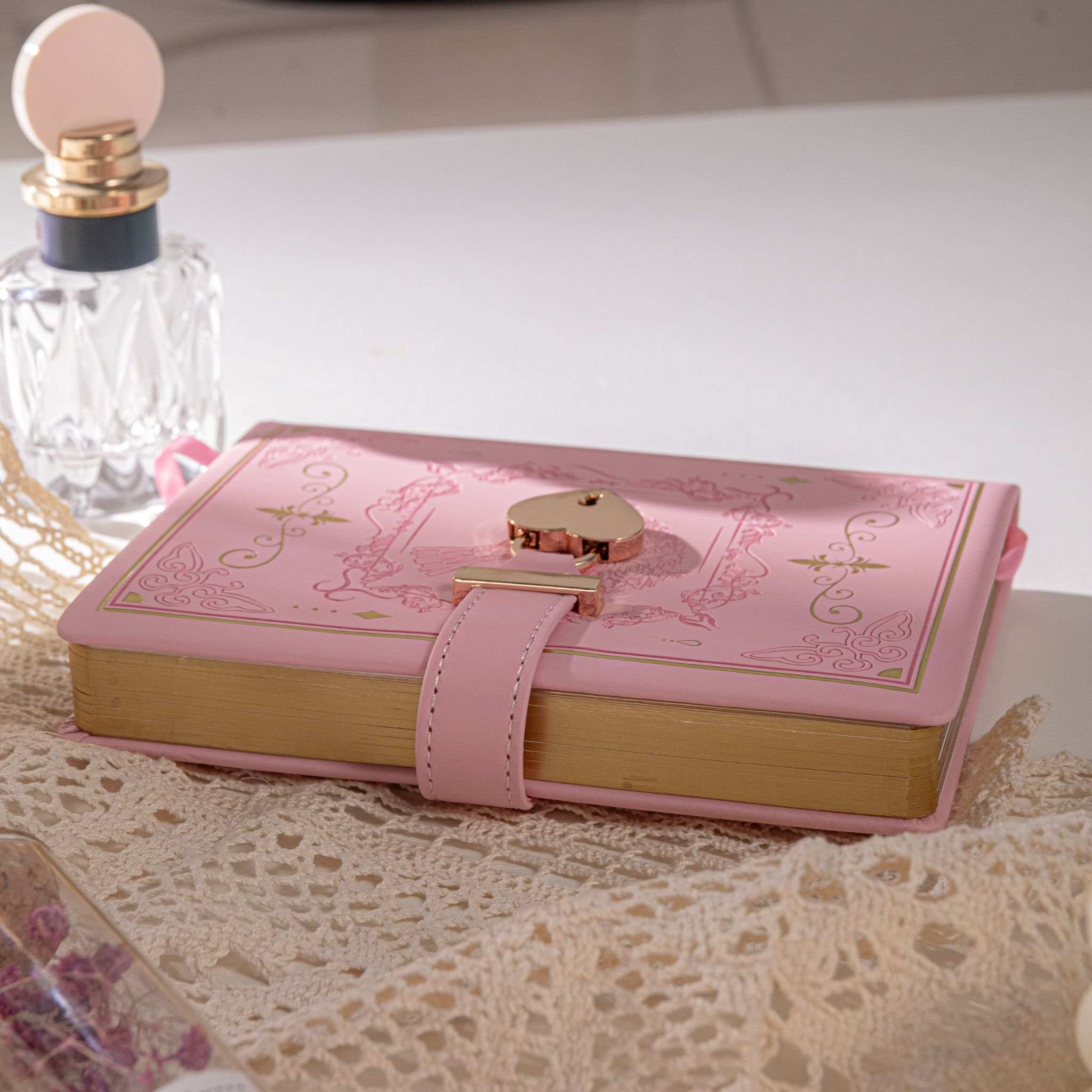 B6 Pink Rose Embossed Vegan Leather Journal with Gold Gilded Edges