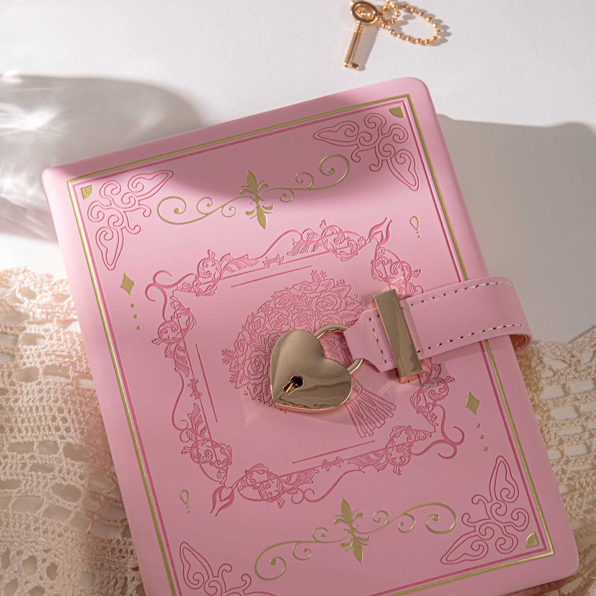 B6 Pink Rose Embossed Vegan Leather Journal , Gold Heart Lock and Key, Personal Diary