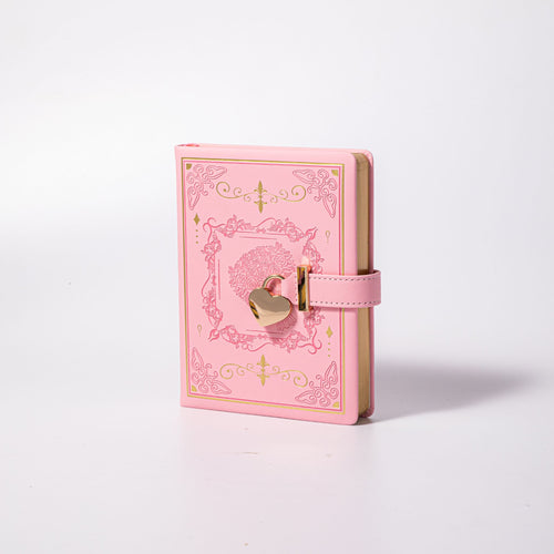 B6 Pink Rose Embossed Vegan Leather Journal with Gold Heart Lock and Key, Side View