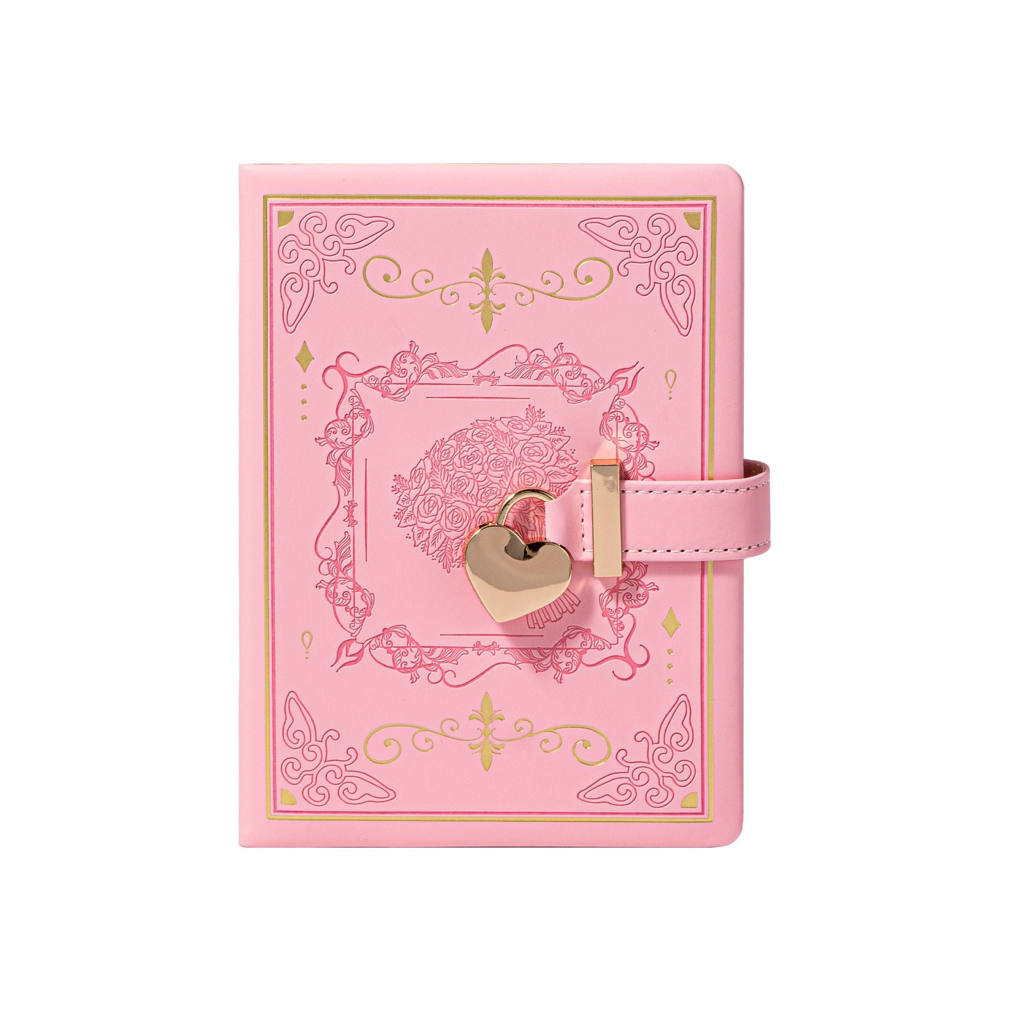 B6 Pink Rose Embossed Vegan Leather Journal with Gold Heart Lock, Front View