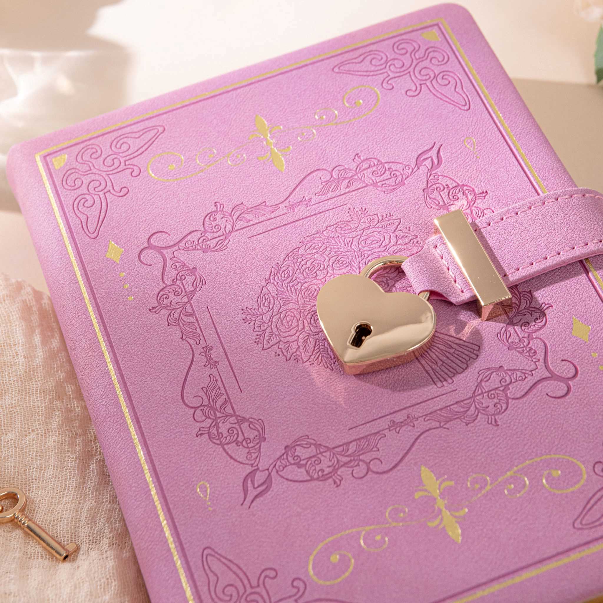 B6 Purple Rose Embossed Vegan Leather Journal with Gold Heart Lock and Key
