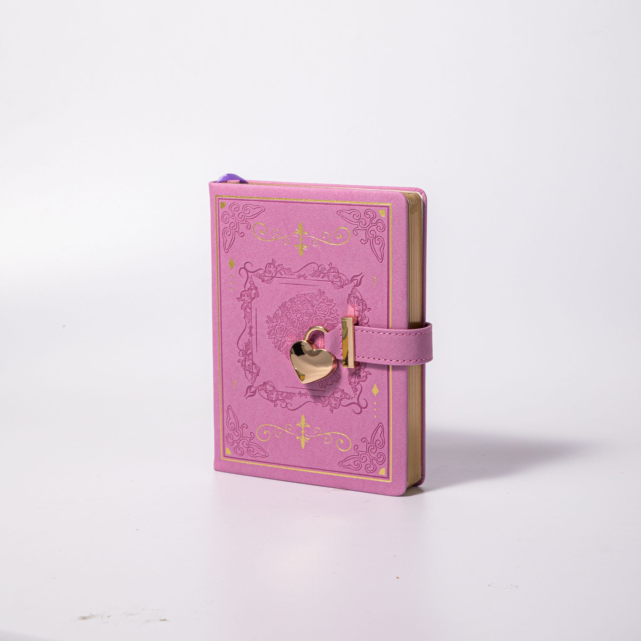 B6 Purple Rose Embossed Vegan Leather Journal with Gold Heart Lock