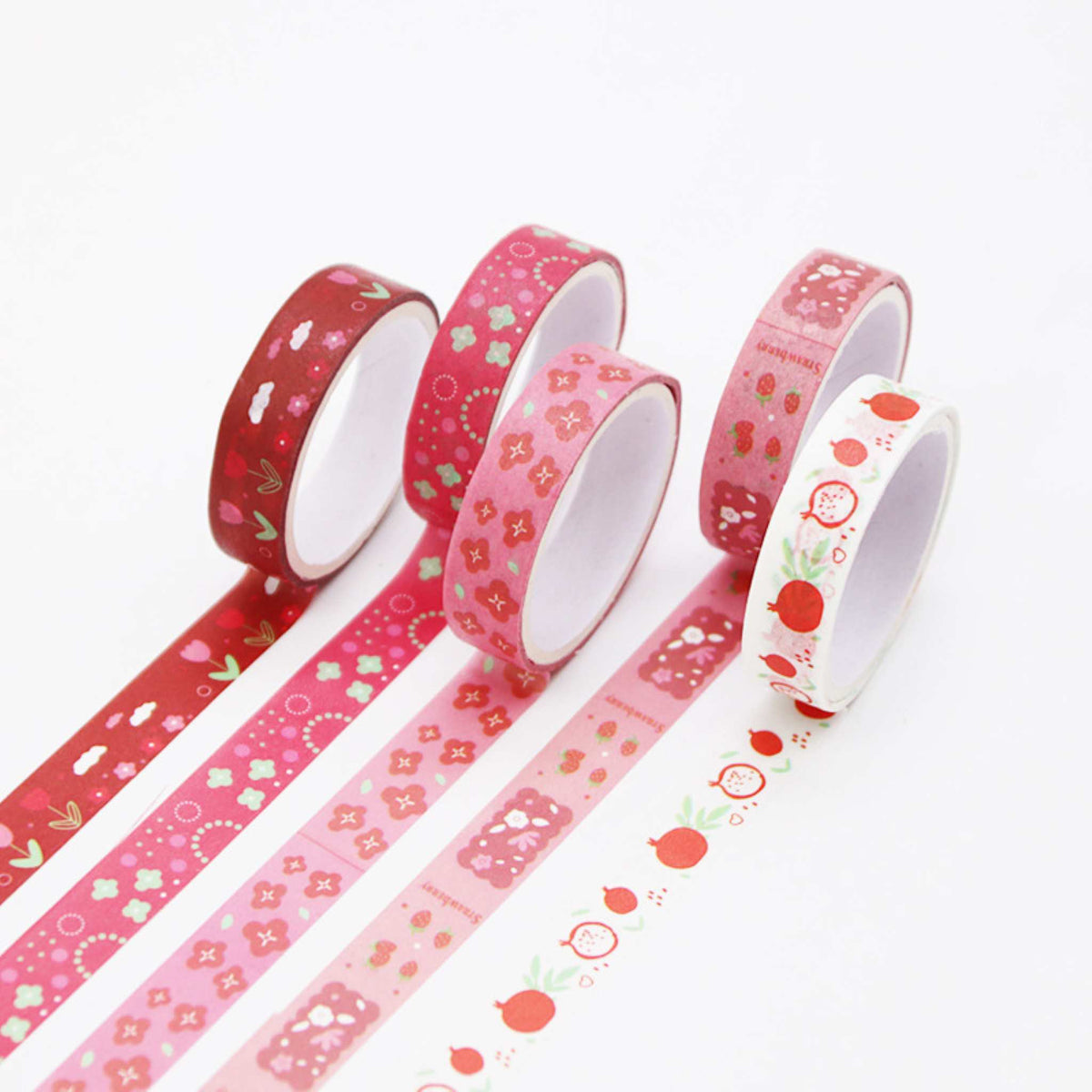 Cute Illustrated Washi Tape Set, Berry Red 5 Rolls Display