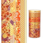 Pattern layout and stacked roll display of orange, red, and purple blossom washi tape, featuring butterfly-inspired floral motifs, intricate wave and lattice patterns, and gold foil geometric details on a white background.