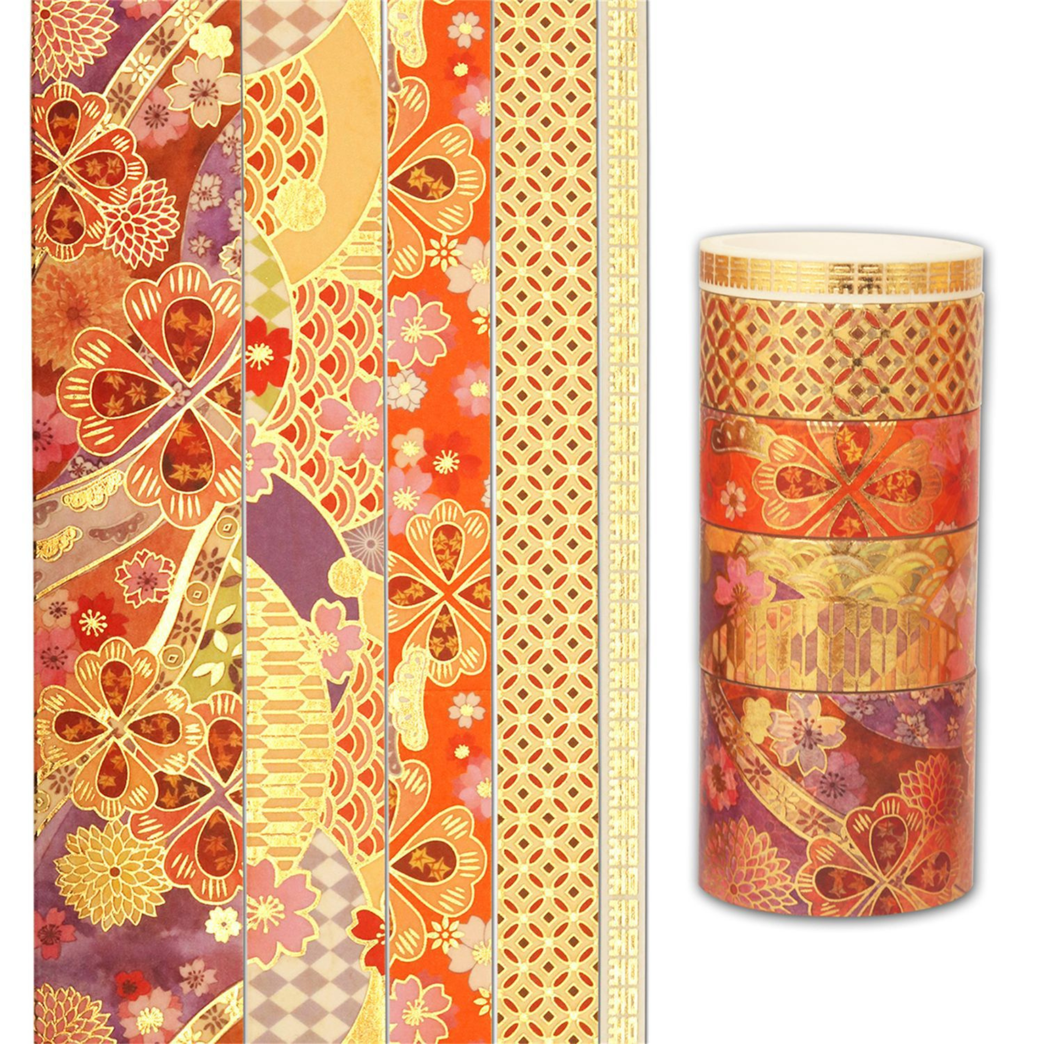 Pattern layout and stacked roll display of orange, red, and purple blossom washi tape, featuring butterfly-inspired floral motifs, intricate wave and lattice patterns, and gold foil geometric details on a white background.